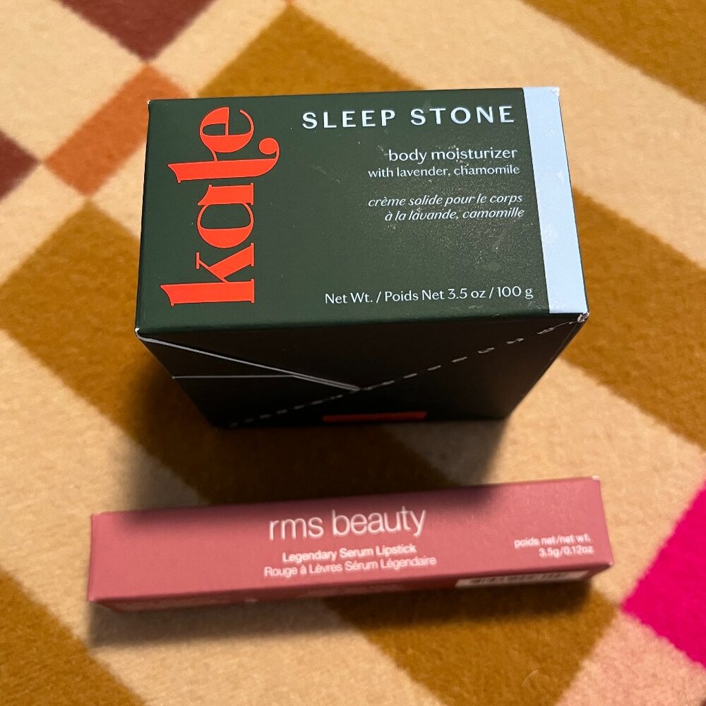 Kate McLeod Sleep Stone and RMS Legendary Serum Lipstick in the color "Mae."